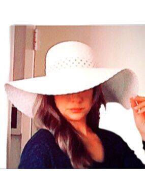 Paper Straw Hat Floppy Wide Brim Color Beige W/ Beautiful Polka Dotted Ribbon